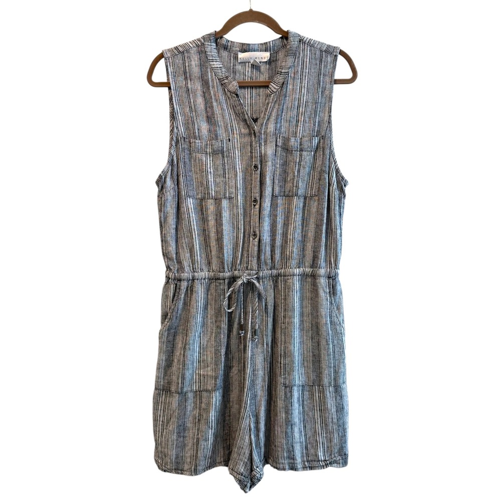 Kelly Renee Large Striped Drawstring Waist V Neck Romper Jumpsuit Black White‎